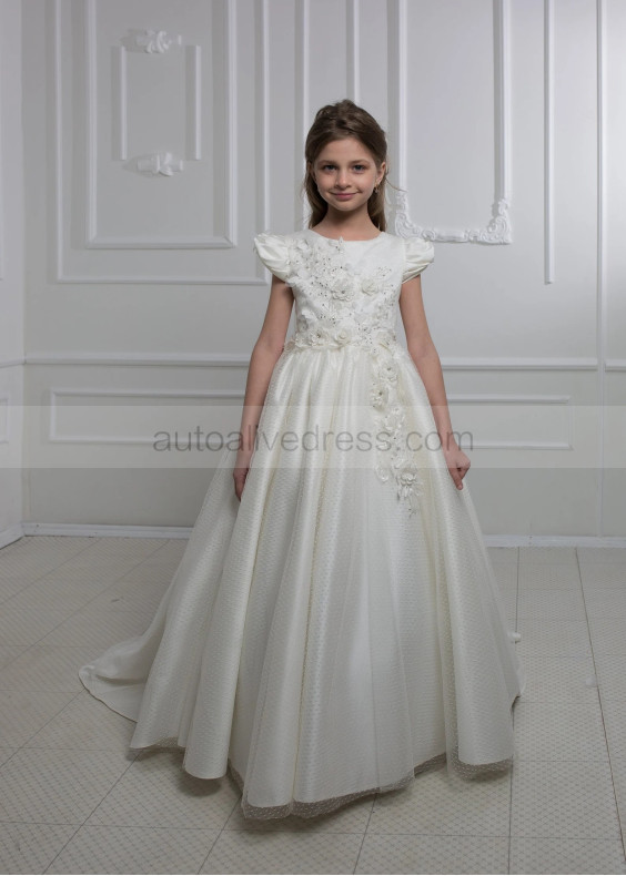 Beaded Ivory Lace Satin Corset Back Flower Girl Dress